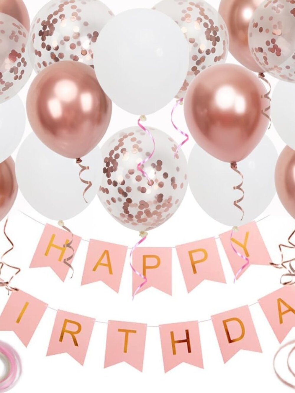 Happy Birthday Banner, Rose Gold Birthday Decoration, 16 pcs 12 inch Balloons wi